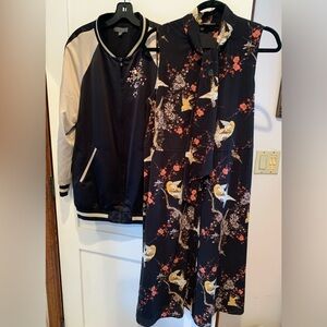 Sleeveless Black Floral/Bird Print button front dress size M & matching jacket